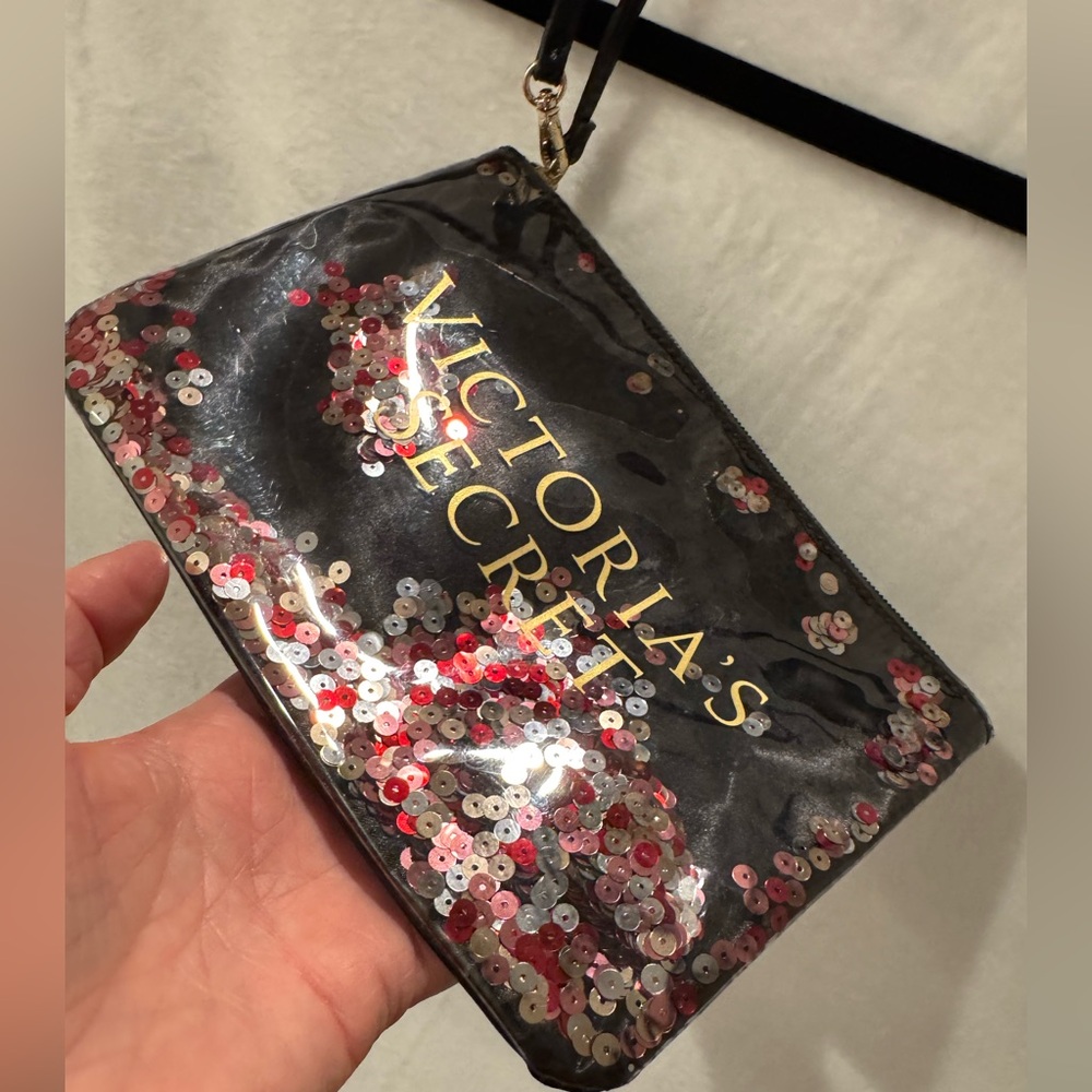 Victoria's Secret Black and Pink Sequin Cosmetic Bag, clutch